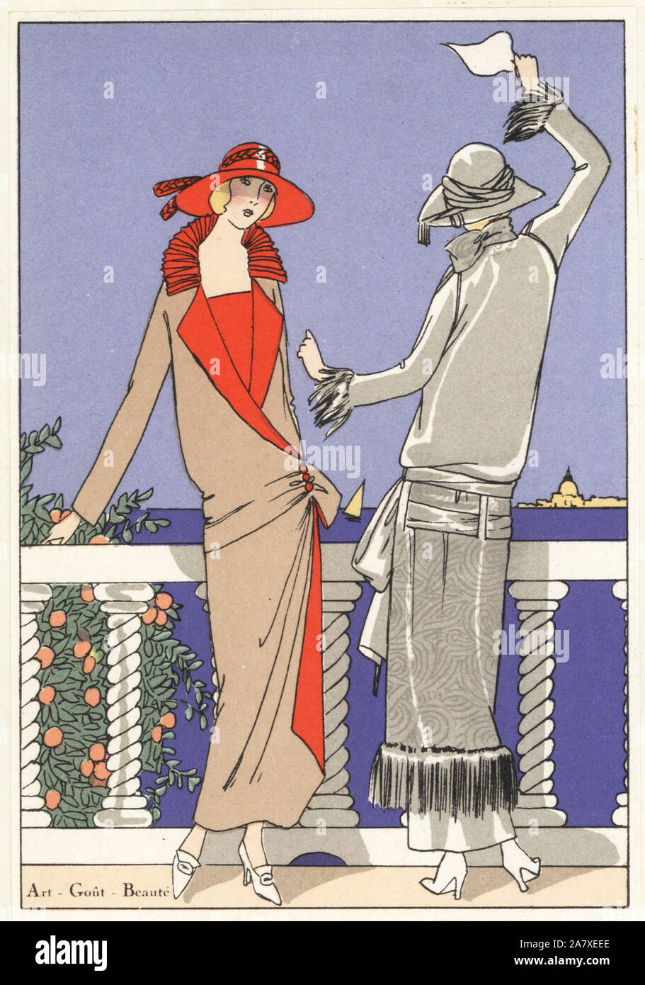 Women on the seafront in chestnut serge dress, and woman in white Moroccan crepe ensemble. Handcolored pochoir (stencil) lithograph from the French luxury fashion magazine Art, Gout, Beaute, 1923. Stock Photo