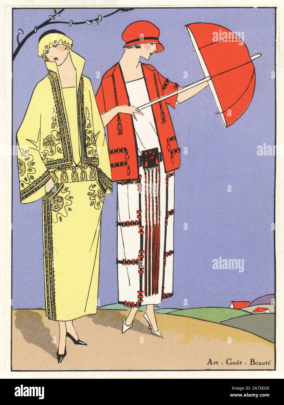 Woman in three-piece ensemble in mustard velvet, and woman in red velvet paletot over a serge dress decorated with pompons holding a parasol. Handcolored pochoir (stencil) lithograph from the French luxury fashion magazine Art, Gout, Beaute, 1923. Stock Photo