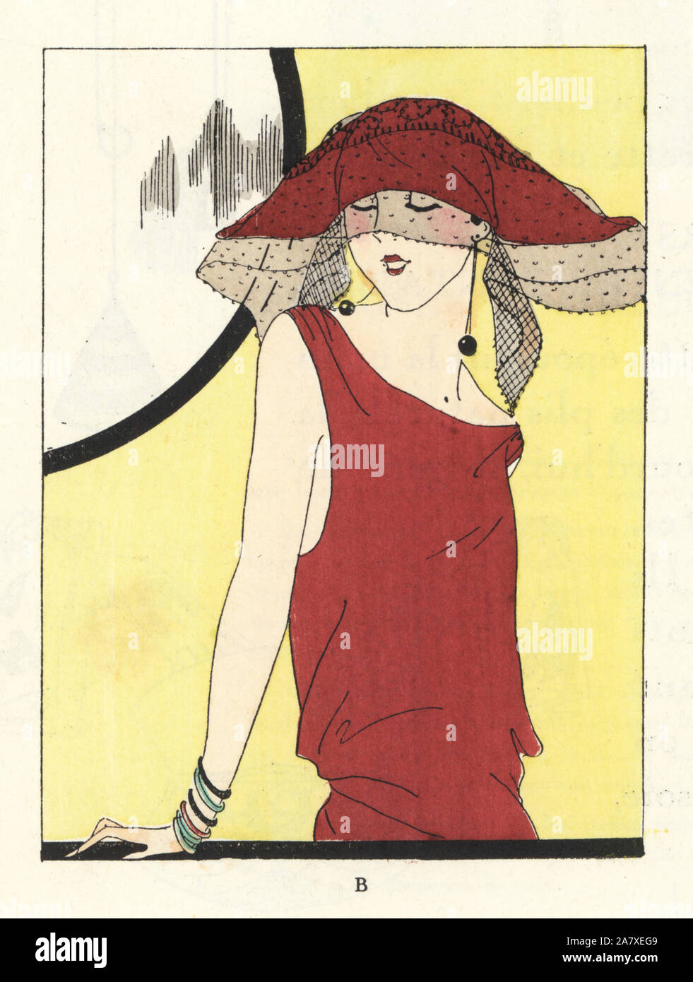 Woman in red dress and red toque hat decorated with a lace veil ...