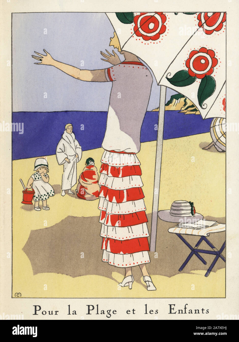 Woman in red and white summer ensemble under a beach parasol. Handcolored pochoir (stencil) lithograph from the French luxury fashion magazine Art, Gout, Beaute, 1923. Stock Photo