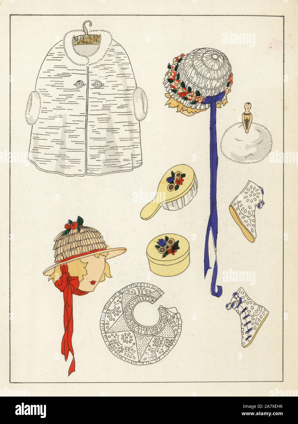Children's hats, bootees, visor, brush and cape with fur trim. Handcolored pochoir (stencil) lithograph from the French luxury fashion magazine Art, Gout, Beaute, 1923. Stock Photo