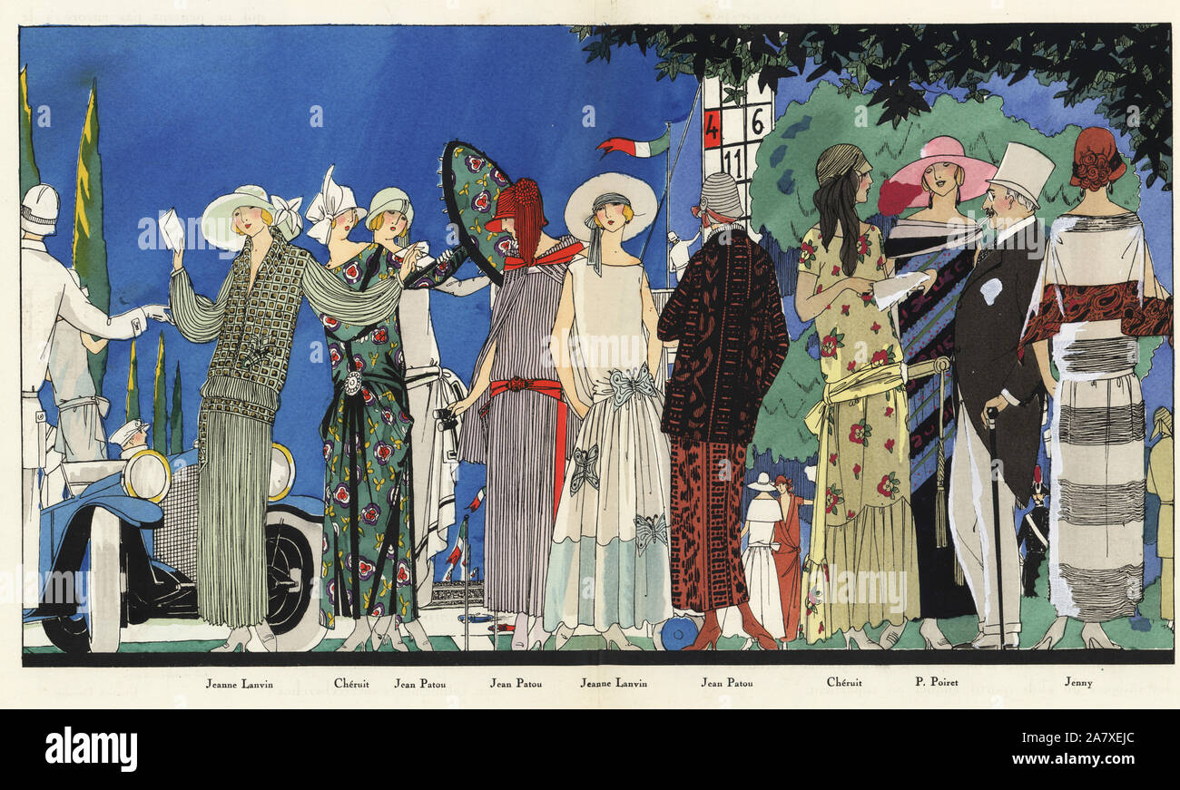 People at the racetrack in the fashions of 1927. Handcolored pochoir (stencil) lithograph from the French luxury fashion magazine Art, Gout, Beaute, 1927. Stock Photo