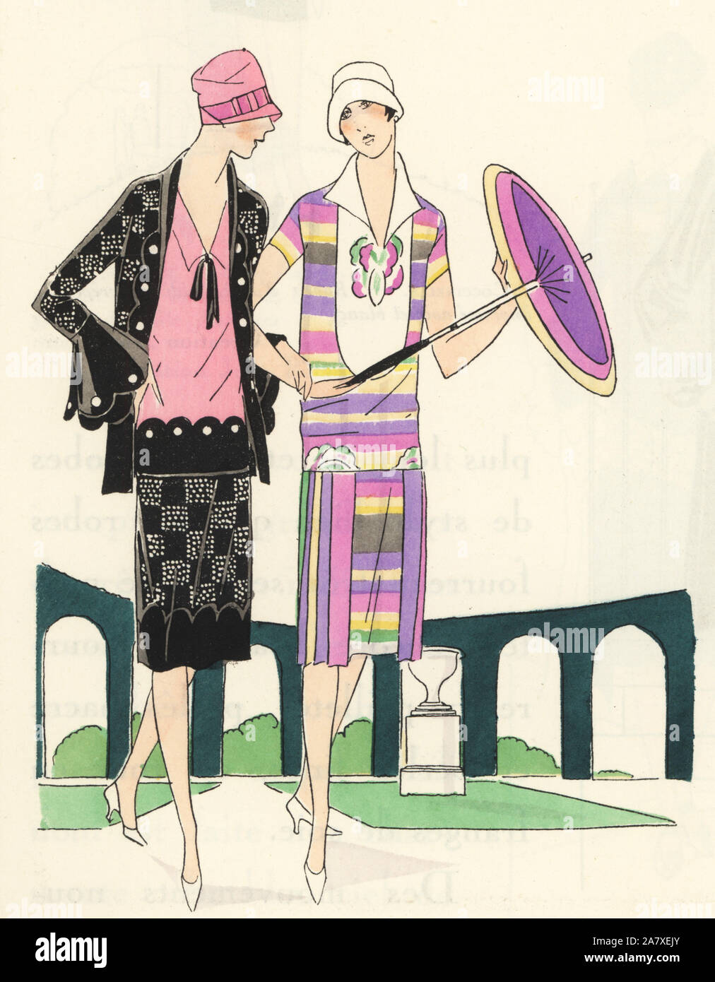 Woman in three-piece ensemble in printed alpaca, and woman in afternoon dress in printed silk. Handcolored pochoir (stencil) lithograph from the French luxury fashion magazine Art, Gout, Beaute, 1926. Stock Photo