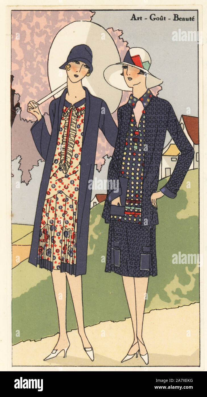 Women in afternoon dress and three-piece ensemble of printed crepe de chine. Handcolored pochoir (stencil) lithograph from the French luxury fashion magazine Art, Gout, Beaute, 1926. Stock Photo