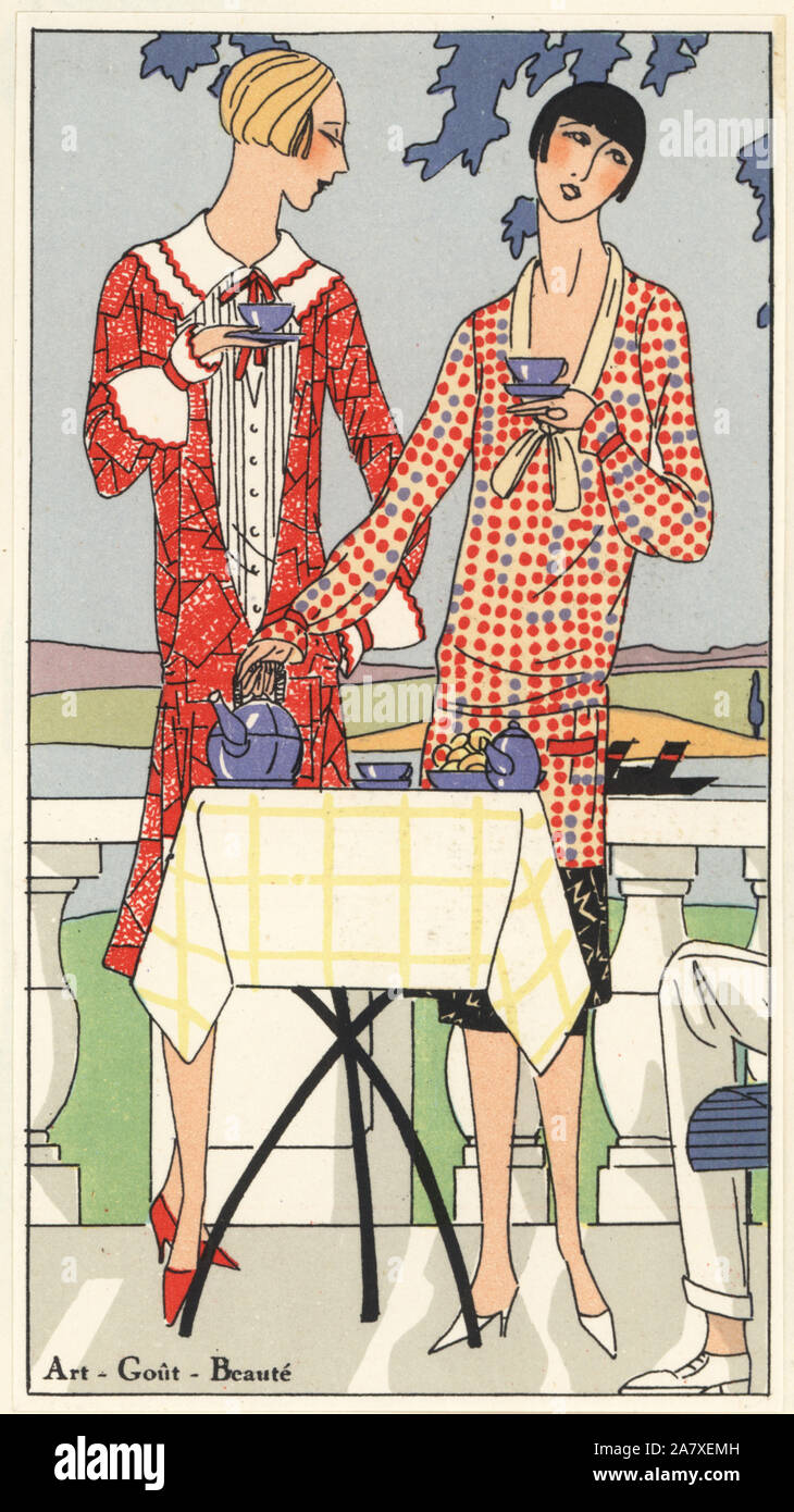 Women drinking tea on a terrace in summer dress in printed crepe de chine and afternoon ensemble with polka dots. Handcolored pochoir (stencil) lithograph from the French luxury fashion magazine Art, Gout, Beaute, 1926. Stock Photo