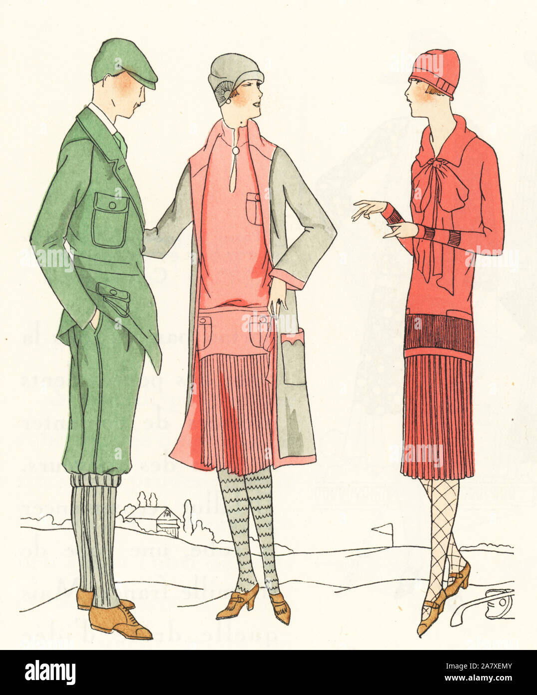 Man and women in sports wear on a golf course. Woman in ensemble of pink crepe de chine, and another woman in sports wear of crepe de chine pleated skirt and jersey sweater. Handcolored pochoir (stencil) lithograph from the French luxury fashion magazine Art, Gout, Beaute, 1926. Stock Photo