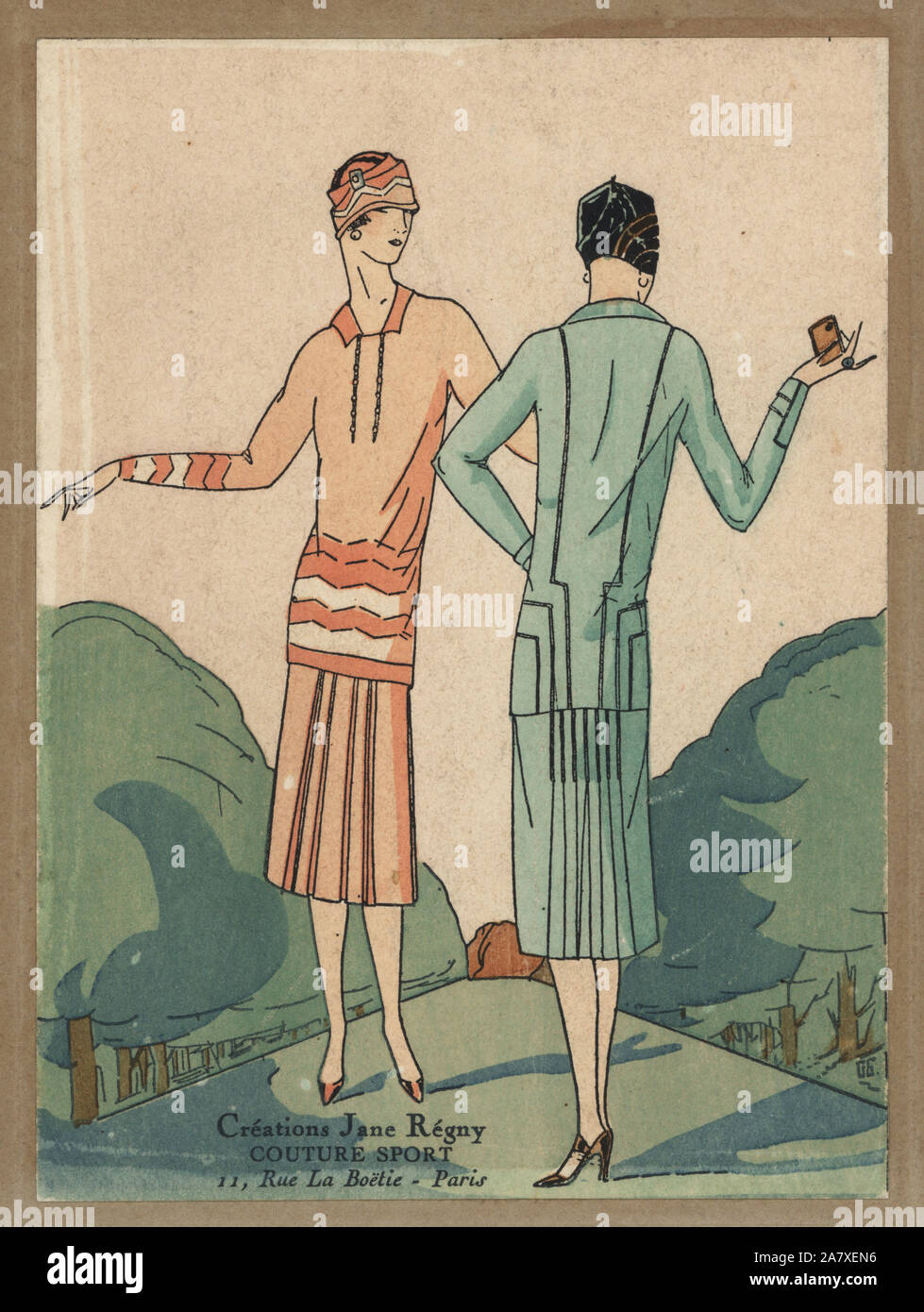 Women in sports dresses with pleated skirts and decorated tops. Handcolored pochoir (stencil) lithograph from the French luxury fashion magazine Art, Gout, Beaute, 1926. Stock Photo