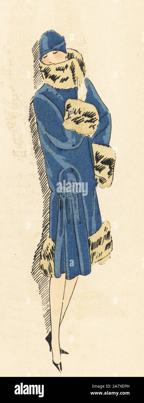 Woman in afternoon coat of blue velvet with fur trim. Handcolored pochoir (stencil) lithograph from the French luxury fashion magazine Art, Gout, Beaute, 1926. Stock Photo