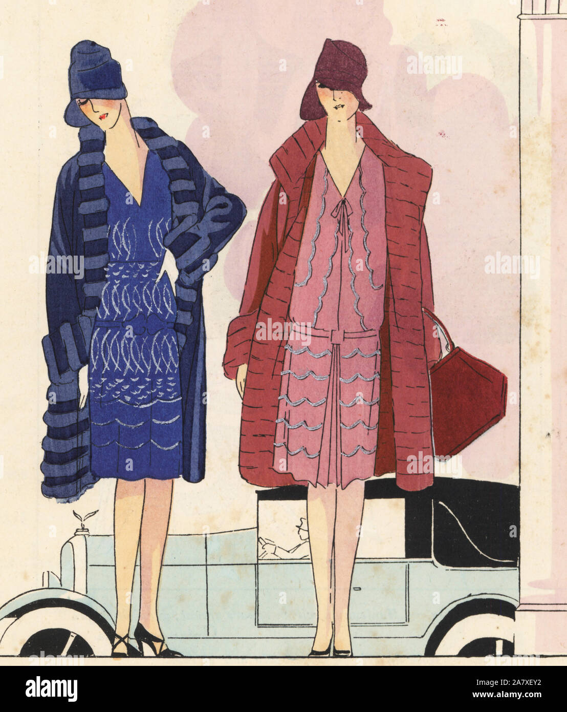 Woman in afternoon ensemble in crepe georgine embroidered with silver, and woman in afternoon suit in red crepe and fur. Handcolored pochoir (stencil) lithograph from the French luxury fashion magazine Art, Gout, Beaute, 1927. Stock Photo