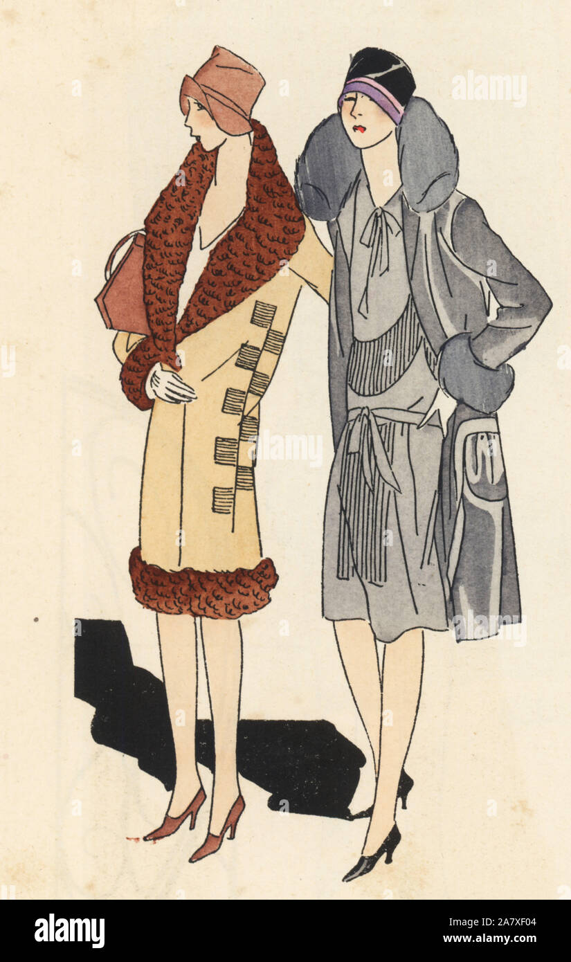 Woman in velvet coat with chestnut astrakhan trim, and woman in afternoon ensemble in grey velvet and crepe de chine. Handcolored pochoir (stencil) lithograph from the French luxury fashion magazine Art, Gout, Beaute, 1927. Stock Photo