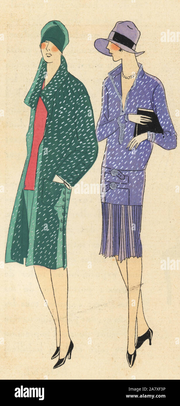Women in afternoon coat and ensemble in printed crepe. Handcolored pochoir (stencil) lithograph from the French luxury fashion magazine Art, Gout, Beaute, 1927. Stock Photo