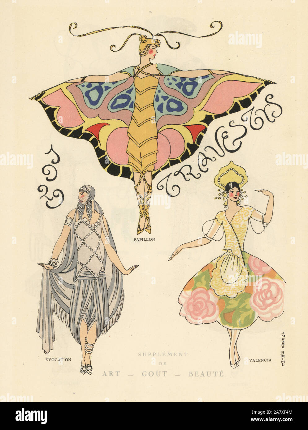 Women in fancy dress costumes as a butterfly, emblem of evocation and Spanish dancer Valencia. Illustrations by Amparo Brime. Handcolored pochoir (stencil) lithograph from the French luxury fashion magazine Art, Gout, Beaute, 1929. Stock Photo
