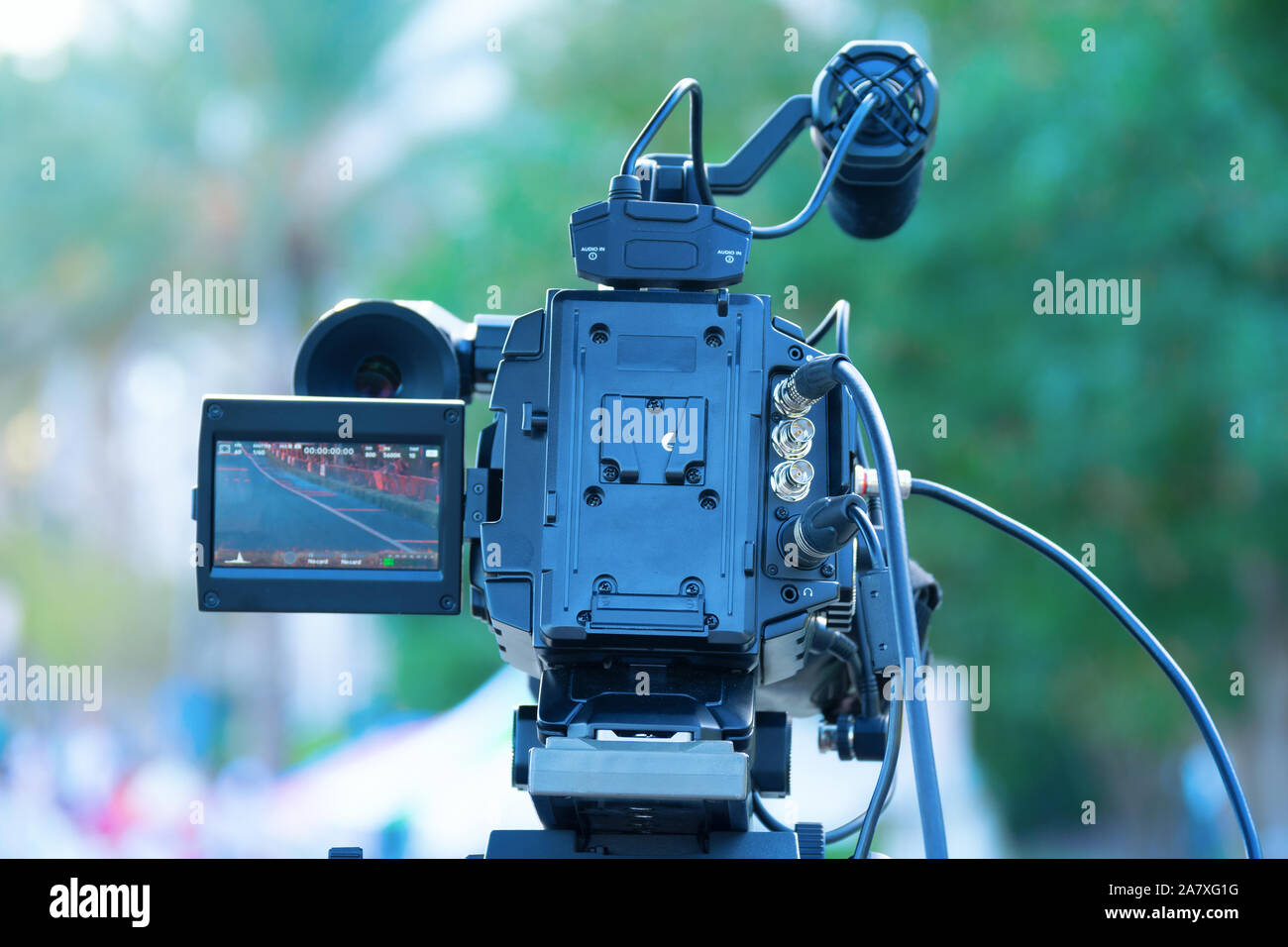 High end professional digital video camera with liquid crystal display LCD screen and microphone at an outdoor event with blurred trees in the backgro Stock Photo