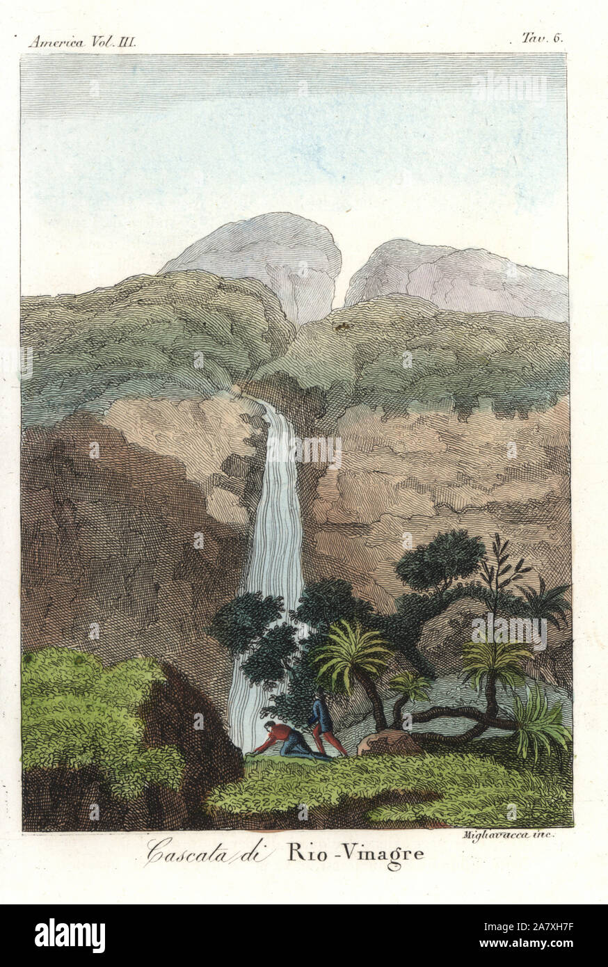 Waterfall of the Rio Vinagre (Pasambio river), Cauca, Colombia. The river rises near the Purace volcano and its waters are allegedly acidic. Handcoloured copperplate engraving by Migliavacca from Giulio Ferrrario's Costumes Antique and Modern of All Peoples (Il Costume Antico e Moderno di Tutti i Popoli), Florence, 1842. Stock Photo