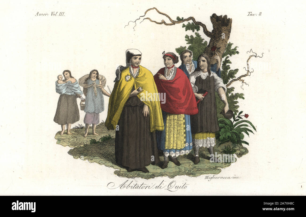 Costumes of the indigenous people of Quito, Ecuador. Women in shawls, aprons, skirts and bonnets. Handcoloured copperplate engraving by Migliavacca from Giulio Ferrrario's Costumes Antique and Modern of All Peoples (Il Costume Antico e Moderno di Tutti i Popoli), Florence, 1842. Stock Photo