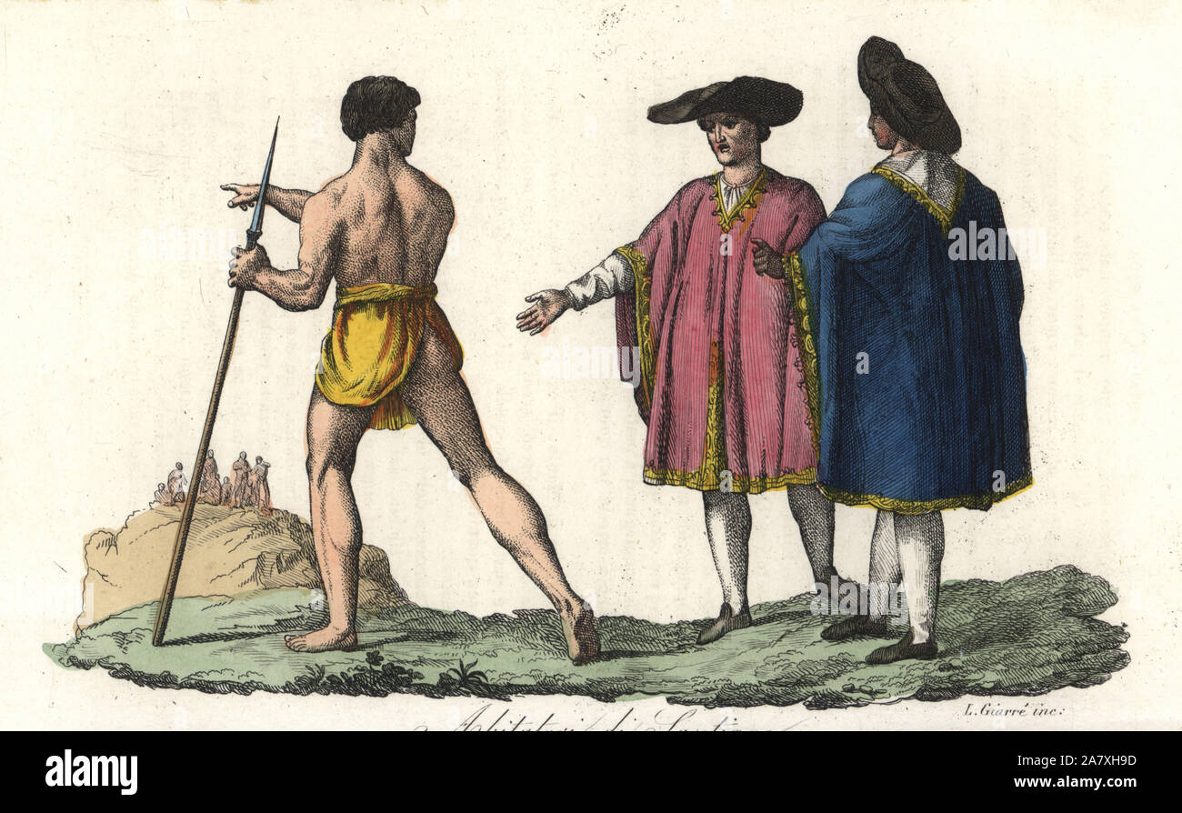 Costumes of the inhabitants of Santiago, Chile. Men in ceremonial poncho and hat, and a hunter in loincloth with spear. Handcoloured copperplate engraving by Luigi Giarre from Giulio Ferrrario's Costumes Antique and Modern of All Peoples (Il Costume Antico e Moderno di Tutti i Popoli), Florence, 1842. Stock Photo