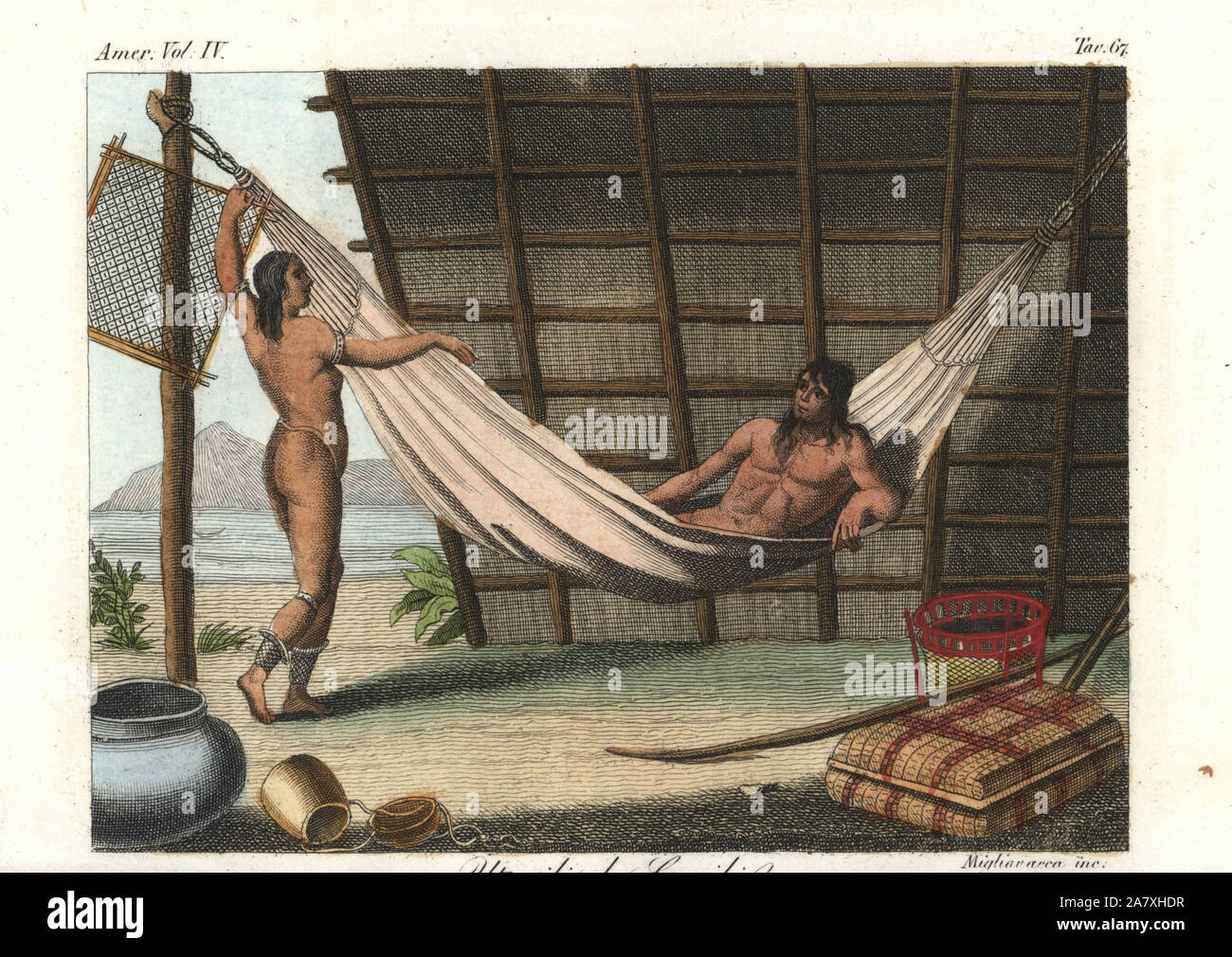 House of the Island Carib or Kalinago people, West Indies. A man relaxes in a hammock under a thatched roof, with rattan basket, rattan table and water jug. Handcoloured copperplate engraving by Migliavacca from Giulio Ferrrario's Costumes Antique and Modern of All Peoples (Il Costume Antico e Moderno di Tutti i Popoli), Florence, 1842. Stock Photo
