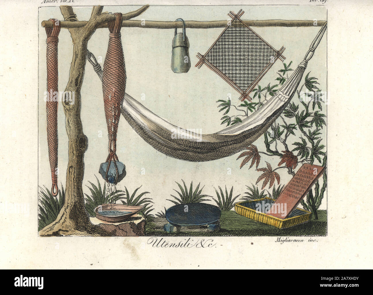 Hammock, rattan basket, cassava beer-fermenting net, and other utensils made by the Island Carib or Kalinago people, West Indies. Handcoloured copperplate engraving by Migliavacca from Giulio Ferrrario's Costumes Antique and Modern of All Peoples (Il Costume Antico e Moderno di Tutti i Popoli), Florence, 1842. Stock Photo