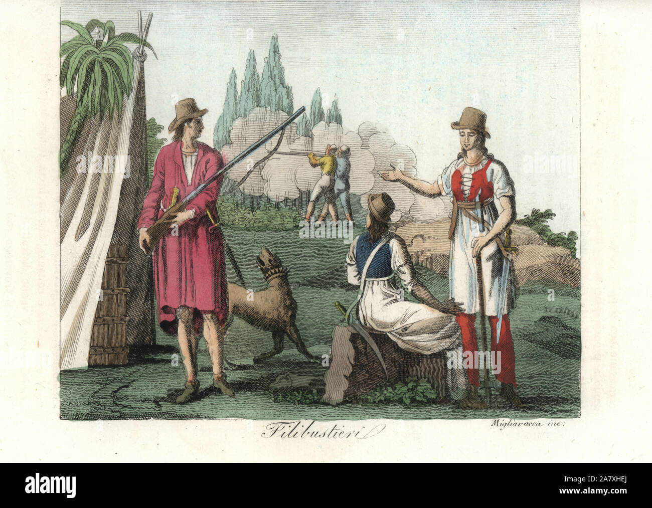 Male and female pirates of the West Indies, armed with musket and cutlass, early 1800s. The buccaneer at left wears a linen shirt dyed with animal blood. Handcoloured copperplate engraving by Migliavacca from Giulio Ferrrario's Costumes Antique and Modern of All Peoples (Il Costume Antico e Moderno di Tutti i Popoli), Florence, 1842. Stock Photo