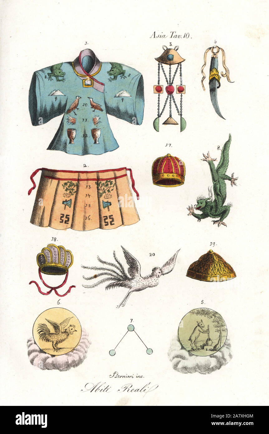 Chinese clothes 1,2, belt ornament 3, and designs depicting the sun 5, moon 6, stars, dragon 8, etc. Handcoloured copperplate engraving by Andrea Bernieri from Giulio Ferrario's Ancient and Modern Costumes of all the Peoples of the World, Florence, Italy, 1843. Stock Photo