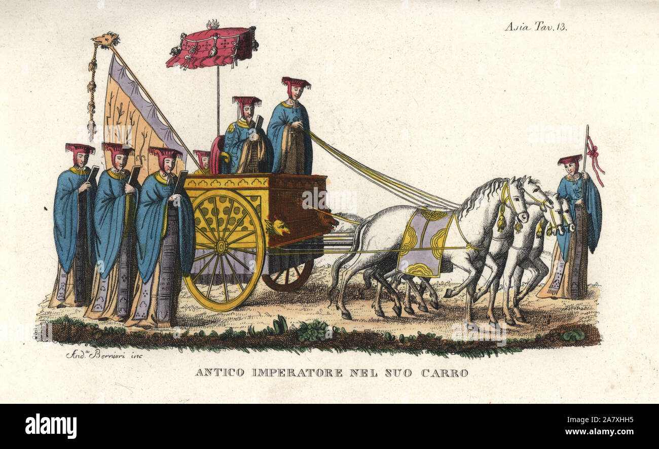 Ancient Chinese emperor in a four-horse chariot accompanied by mandarins. Handcoloured copperplate engraving by Andrea Bernieri from Giulio Ferrario's Ancient and Modern Costumes of all the Peoples of the World, Florence, Italy, 1843. Stock Photo