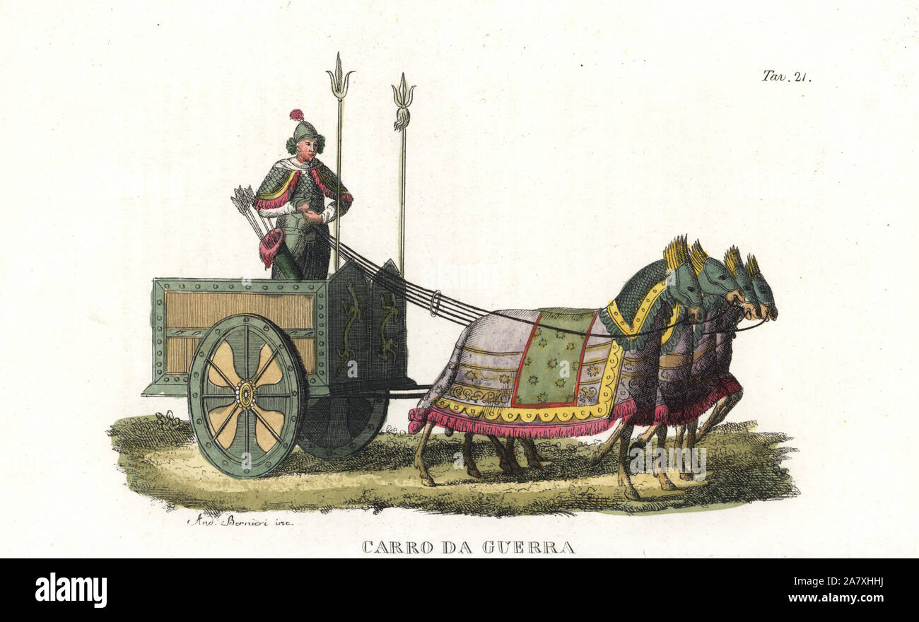 Chinese wooden war chariot pulled by four caparisoned horses. Driver with quiver of arrows. Handcoloured copperplate engraving by Andrea Bernieri from Giulio Ferrario's Ancient and Modern Costumes of all the Peoples of the World, Florence, Italy, 1843. Stock Photo