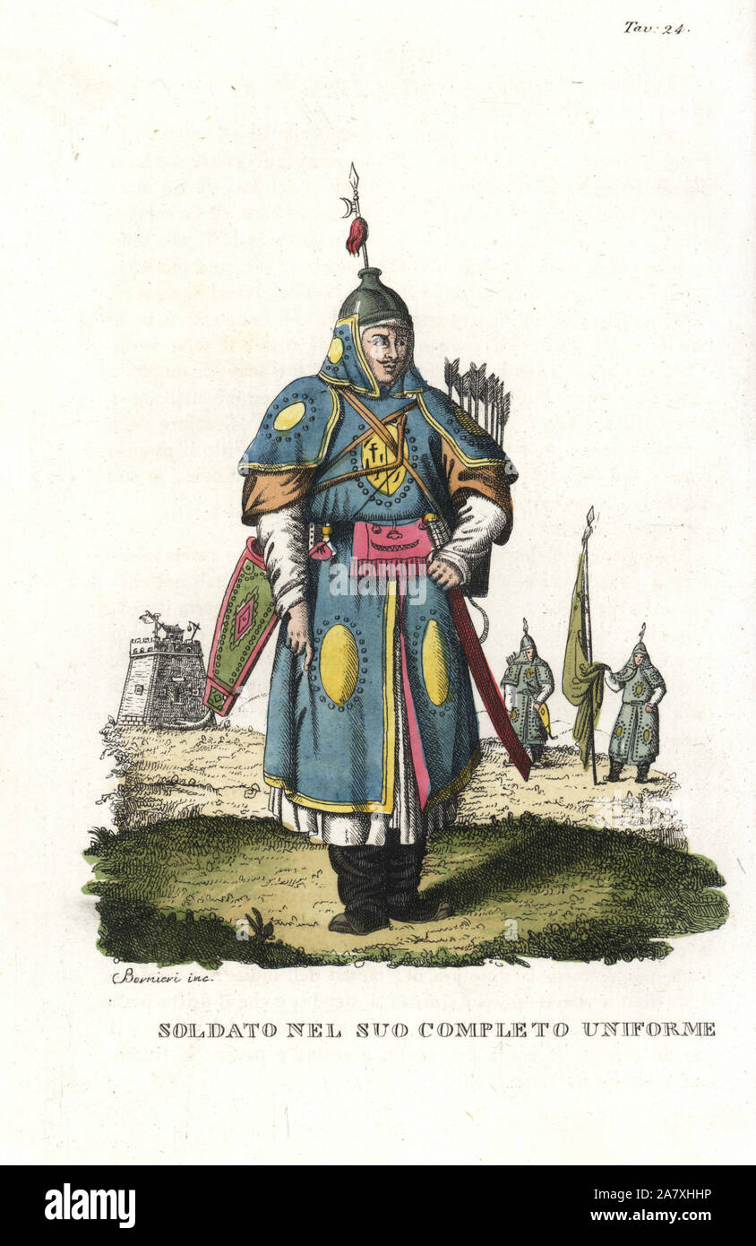 Chinese soldier in complete uniform with scimitar, bow, quiver with arrows, helmet, robes, armour. Handcoloured copperplate engraving by Andrea Bernieri from Giulio Ferrario's Ancient and Modern Costumes of all the Peoples of the World, Florence, Italy, 1843. Stock Photo