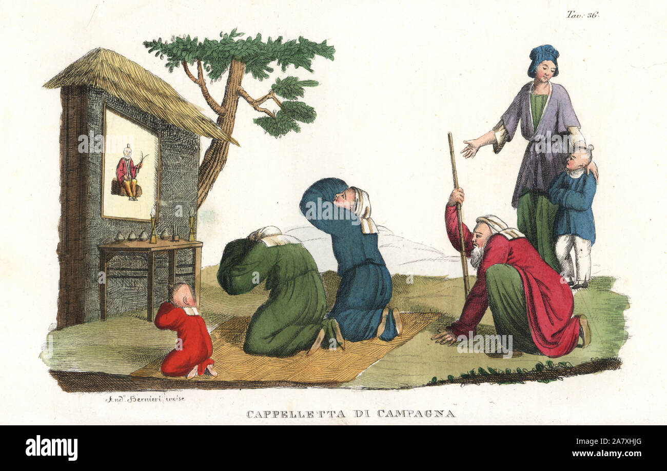 Chinese peasants worshipping at a temple in the country. Handcoloured