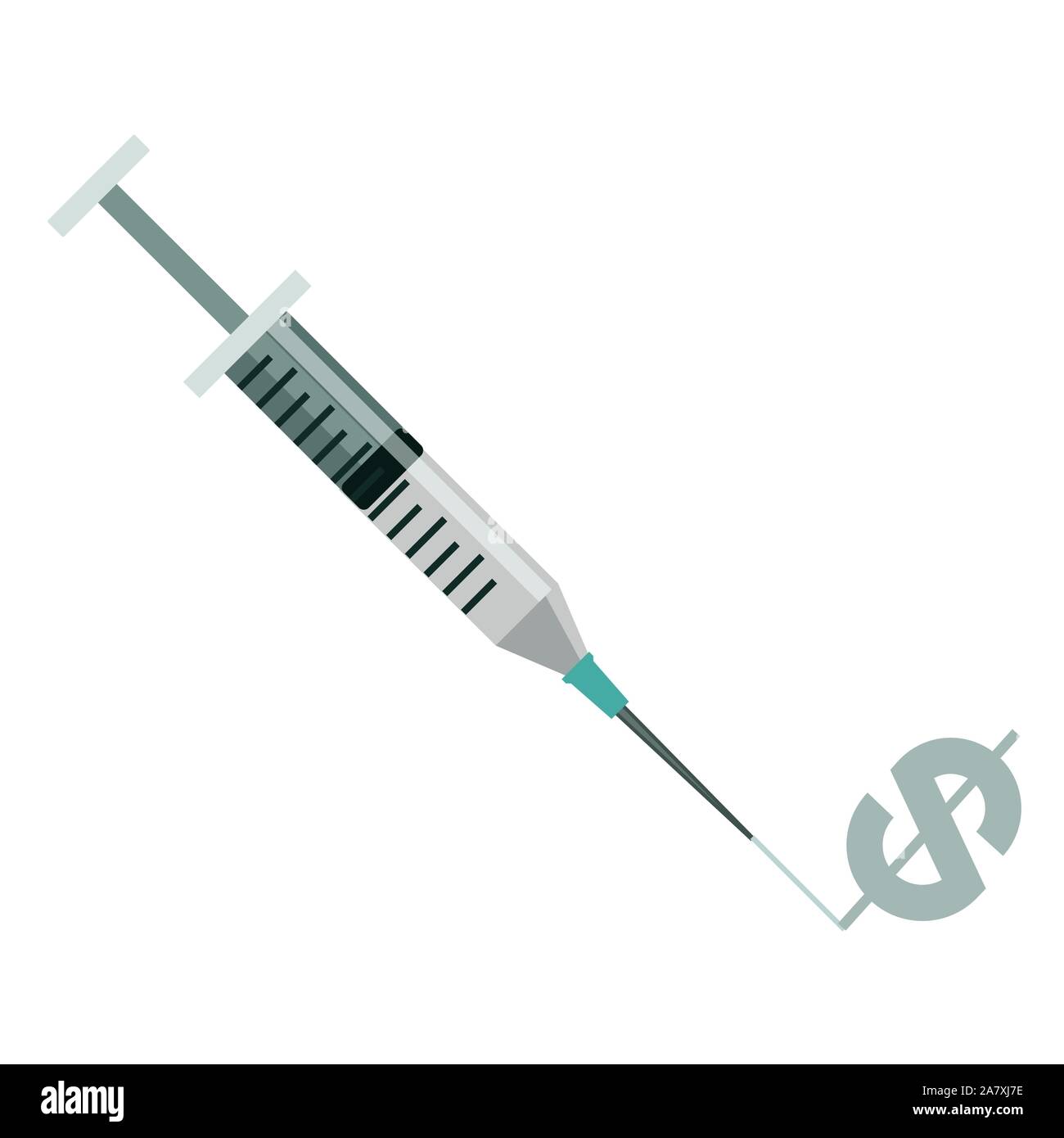 Medical Syringe needle injector application device with vile & plunger squirting a dollar sign Stock Vector