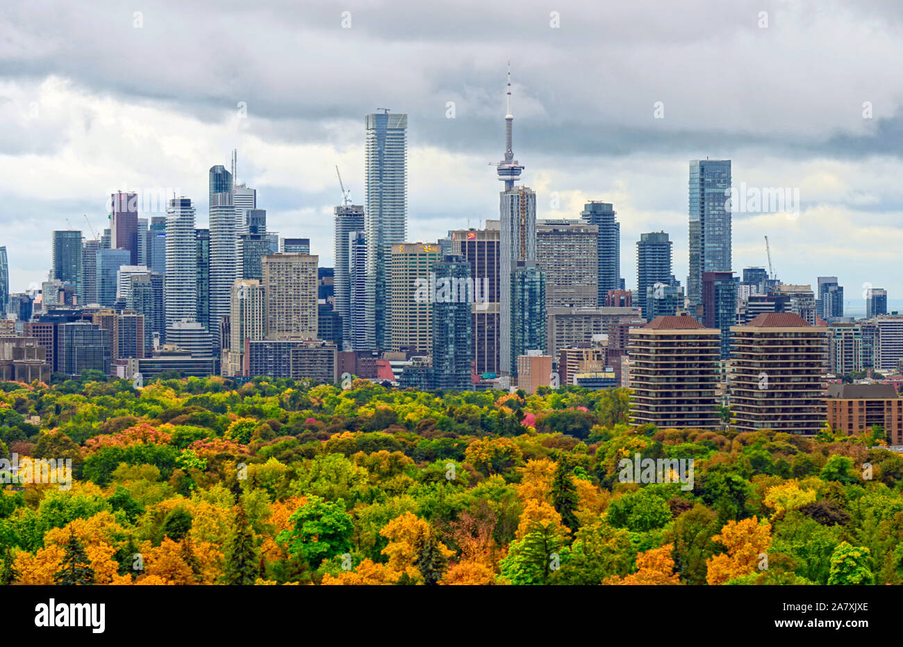 Toronto downtown landmark buildings with brilliant autumn fall colors under stormy clouds in sky Stock Photo