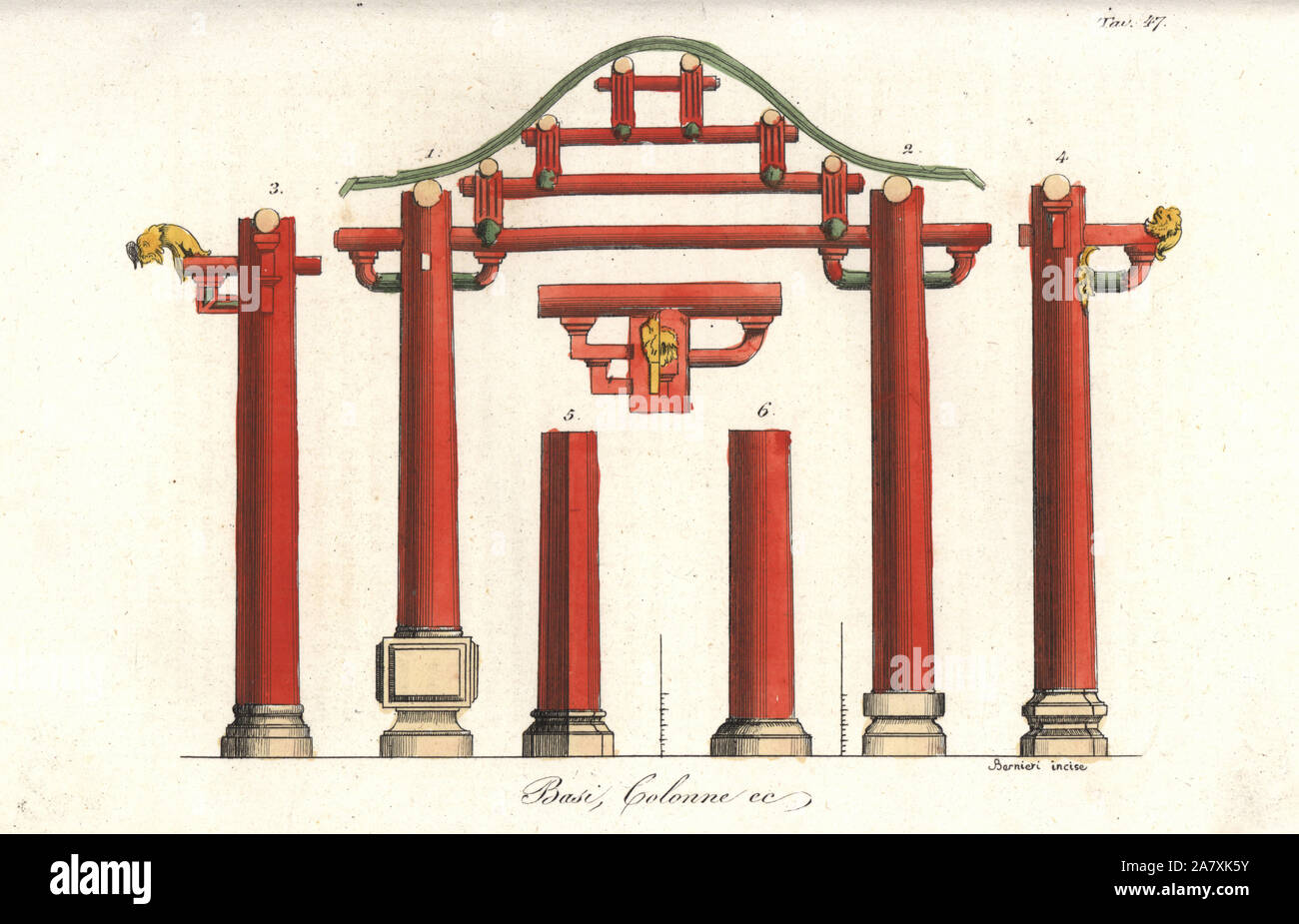 Plinths and columns from Chinese architecture. Handcoloured copperplate engraving by Andrea Bernieri from Giulio Ferrrario's Costumes Antique and Modern of All Peoples (Il Costume Antico e Moderno di Tutti i Popoli), Florence, 1842. Stock Photo