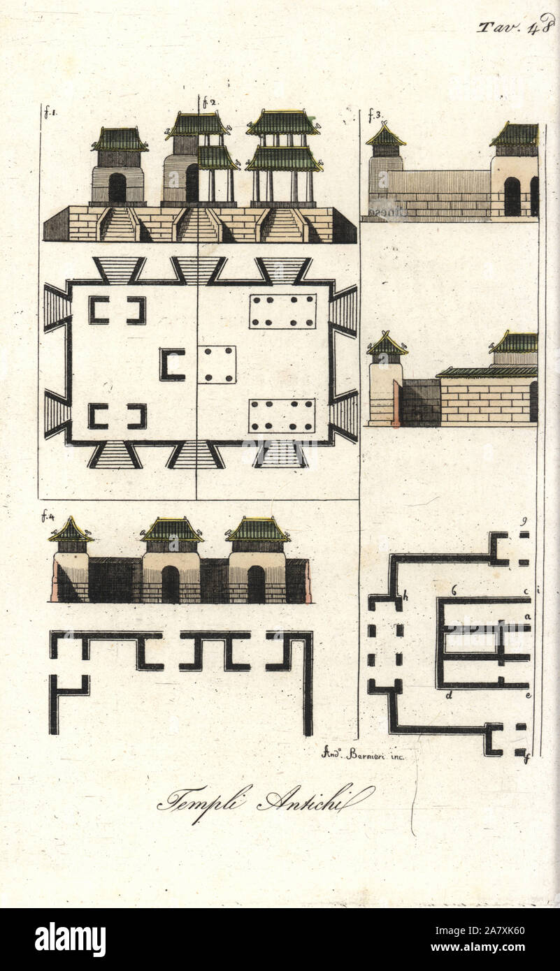 Plans and elevations of an ancient Chinese temple. Handcoloured copperplate engraving by Andrea Bernieri from Giulio Ferrrario's Costumes Antique and Modern of All Peoples (Il Costume Antico e Moderno di Tutti i Popoli), Florence, 1842. Stock Photo