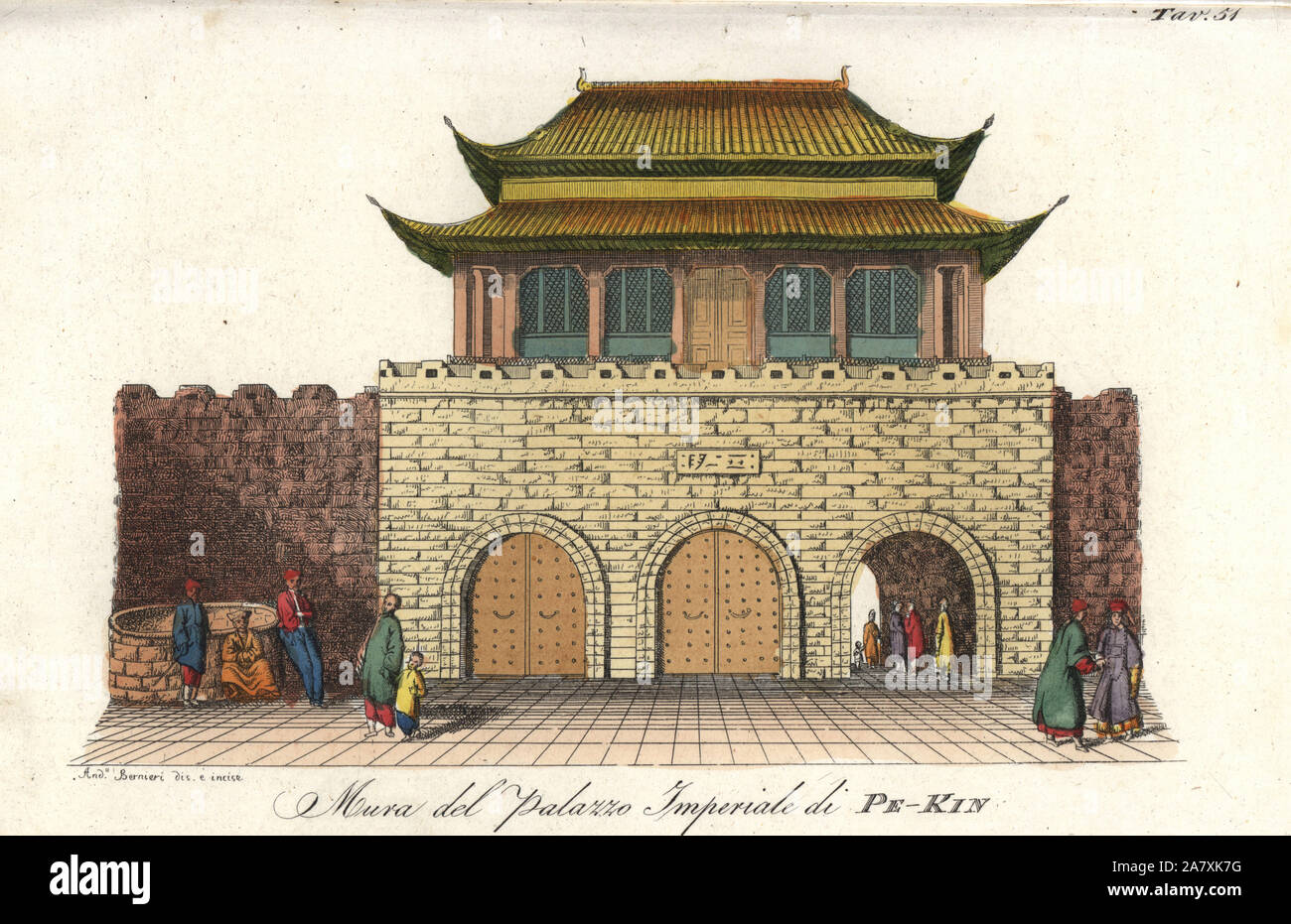 Gate of the Imperial Palace in Peking, China. Handcoloured copperplate