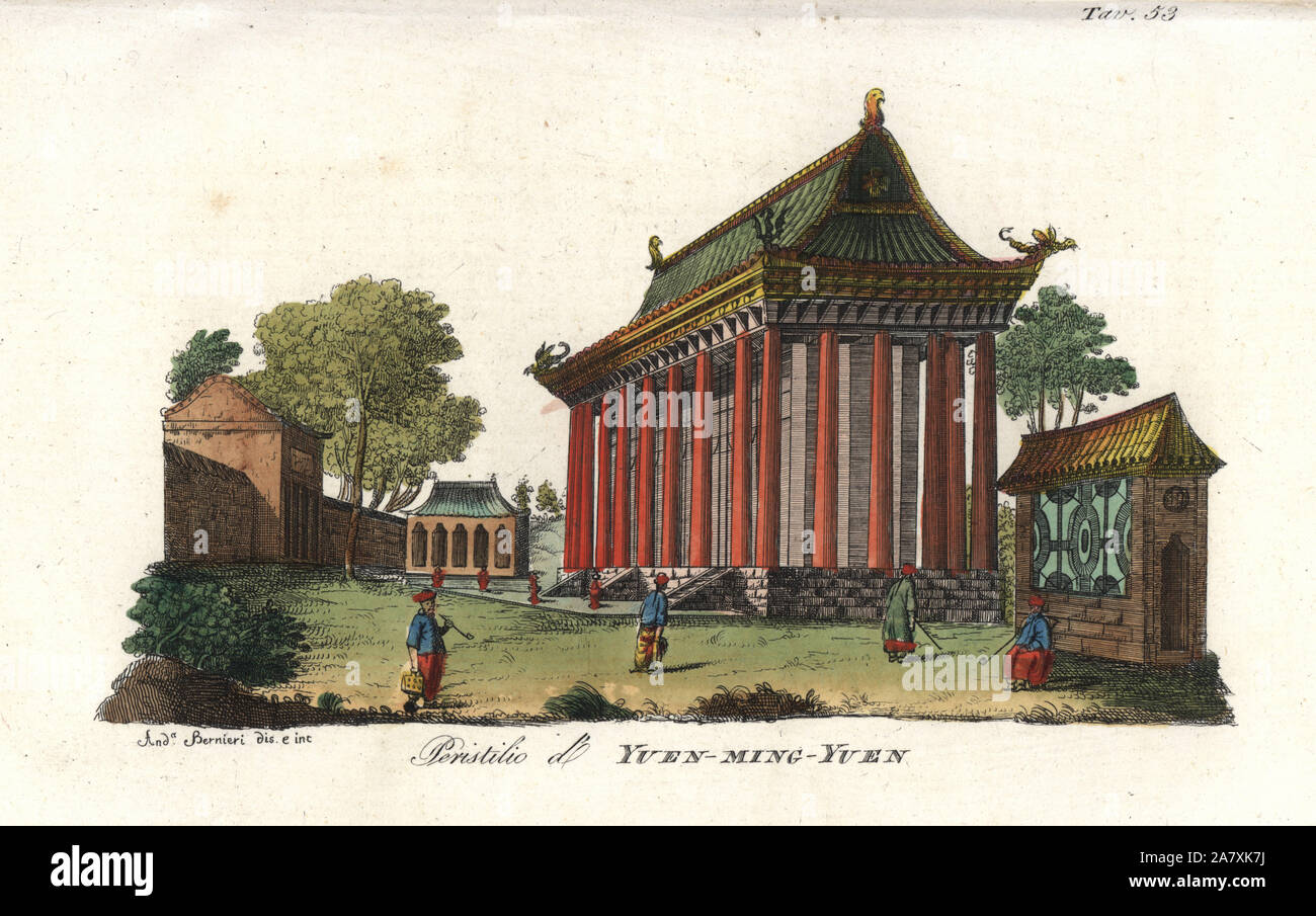 Colonnade or peristyle of Yuanmingyuan pavilion, Peking. Handcoloured copperplate engraving by Andrea Bernieri from Giulio Ferrrario's Costumes Antique and Modern of All Peoples (Il Costume Antico e Moderno di Tutti i Popoli), Florence, 1842. Stock Photo