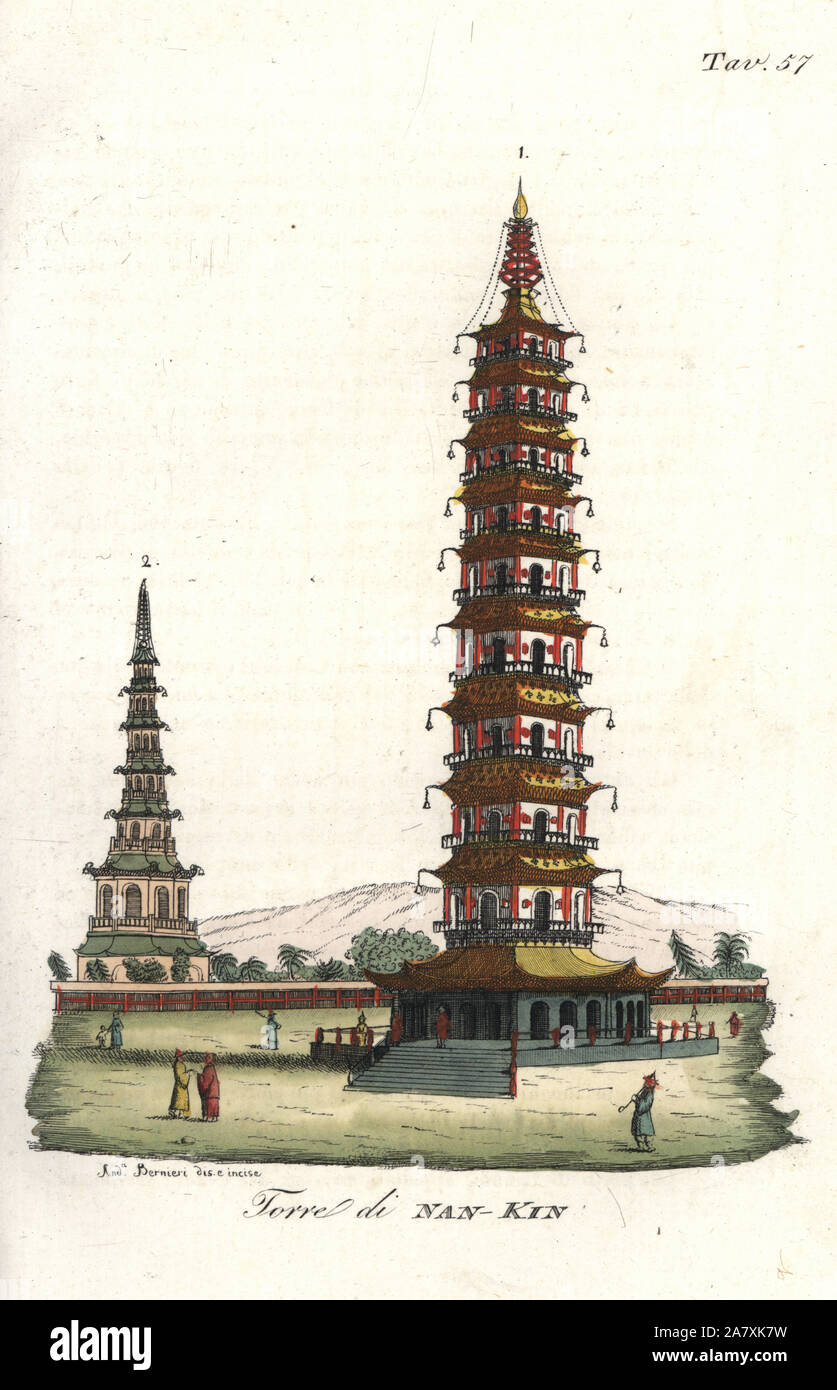 Octagonal nine-story porcelain tower in Nanjing (Nanking), China. Handcoloured illustration and copperplate engraving by Andrea Bernieri from Giulio Ferrrario's Costumes Antique and Modern of All Peoples (Il Costume Antico e Moderno di Tutti i Popoli), Florence, 1842. Stock Photo