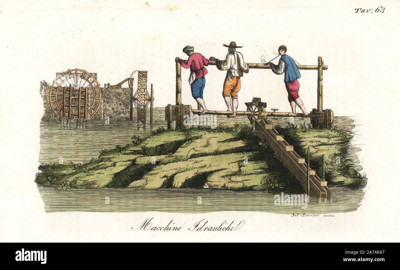 Chinese hydraulic machines including waterwheels and waterpump driven by manpower. Handcoloured copperplate engraving by Andrea Bernieri from Giulio Ferrrario's Costumes Antique and Modern of All Peoples (Il Costume Antico e Moderno di Tutti i Popoli), Florence, 1842. Stock Photo
