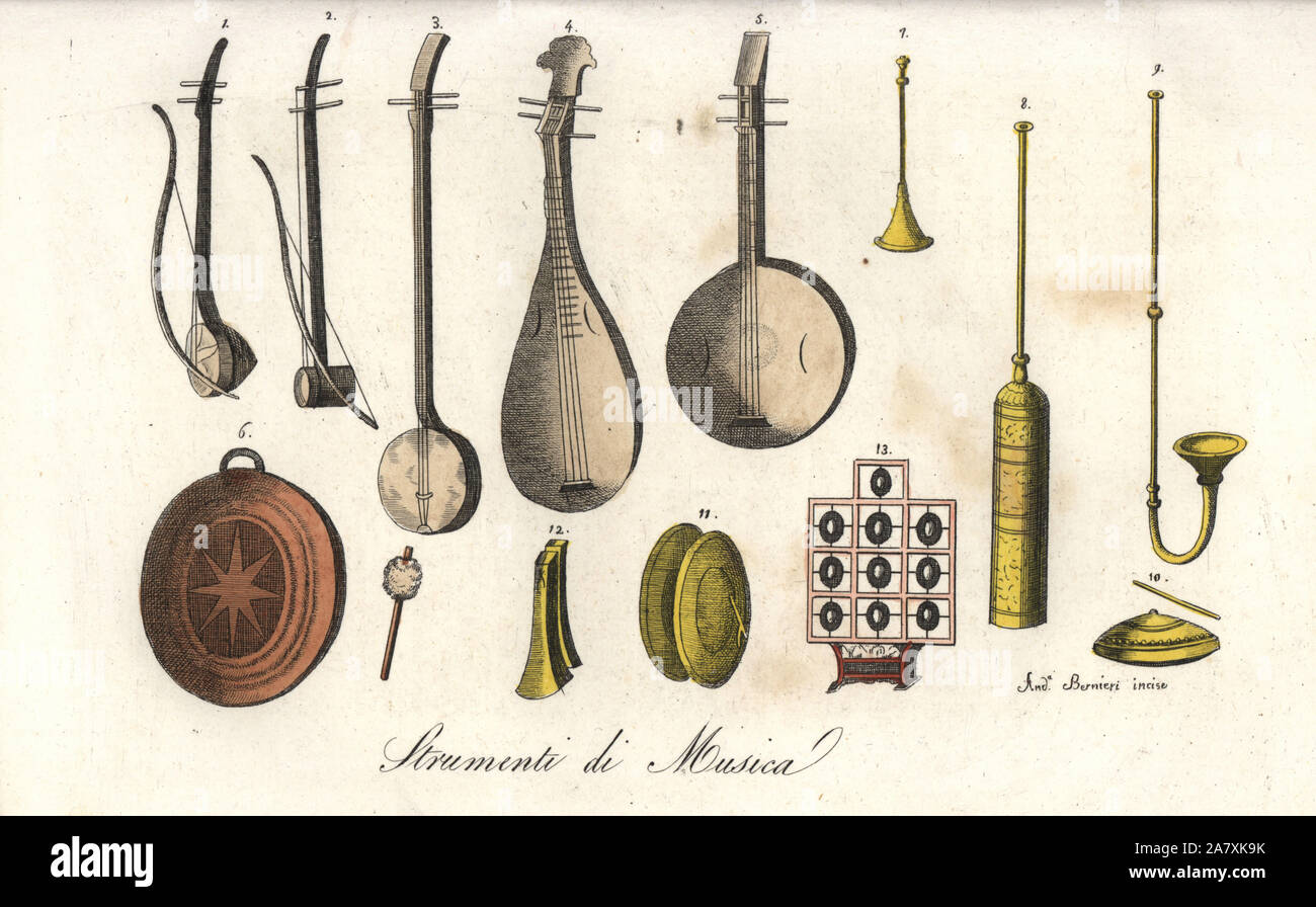 Chinese musical instruments: two-string erhu 1,2, three-string erhu 3,  four-string pipa 4,5, gong 6, horns and percussion, yunluo cloud gong 11,  and paiban 12. Handcoloured copperplate engraving by Andrea Bernieri from  Giulio
