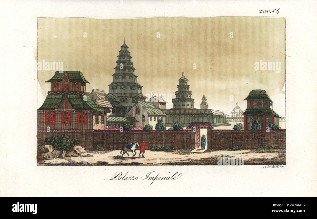 Imperial Palace, Tokyo, Japan, 1820s. Handcoloured copperplate engraving by Andrea Bernieri from Giulio Ferrrario's Costumes Antique and Modern of All Peoples (Il Costume Antico e Moderno di Tutti i Popoli), Florence, 1842. Stock Photo