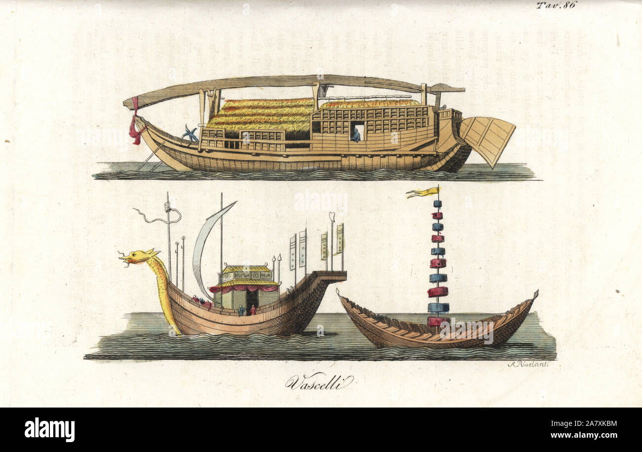 Japanese vessels and ships, mercantile and fishing boats, one decorated with flags and banners, one with a pyramid-shaped sail. Handcoloured copperplate engraving by Andrea Bernieri from Giulio Ferrrario's Costumes Antique and Modern of All Peoples (Il Costume Antico e Moderno di Tutti i Popoli), Florence, 1842. Stock Photo