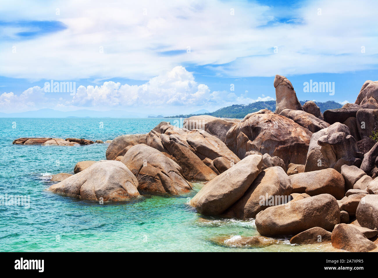 Hin Ta and Hin Yai rocks sea view close up, Grandmother and Grandfather stones, famous tourist landmark on Lamai beach, Koh Samui island, Thailand Stock Photo