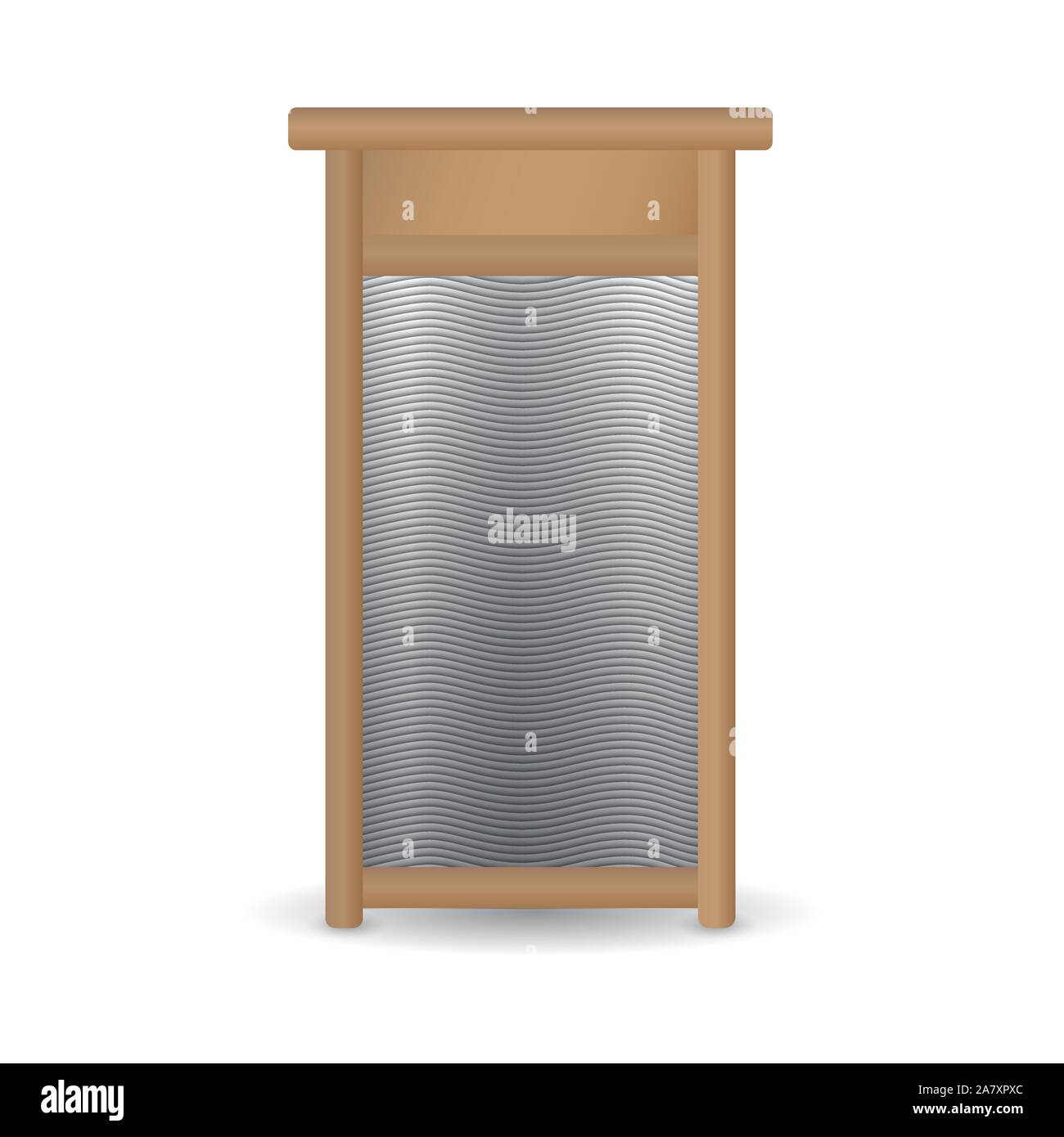 Vector realistic hand ribbed metal washboard in wooden frame isolated on white background. 3D illustration. Stock Vector
