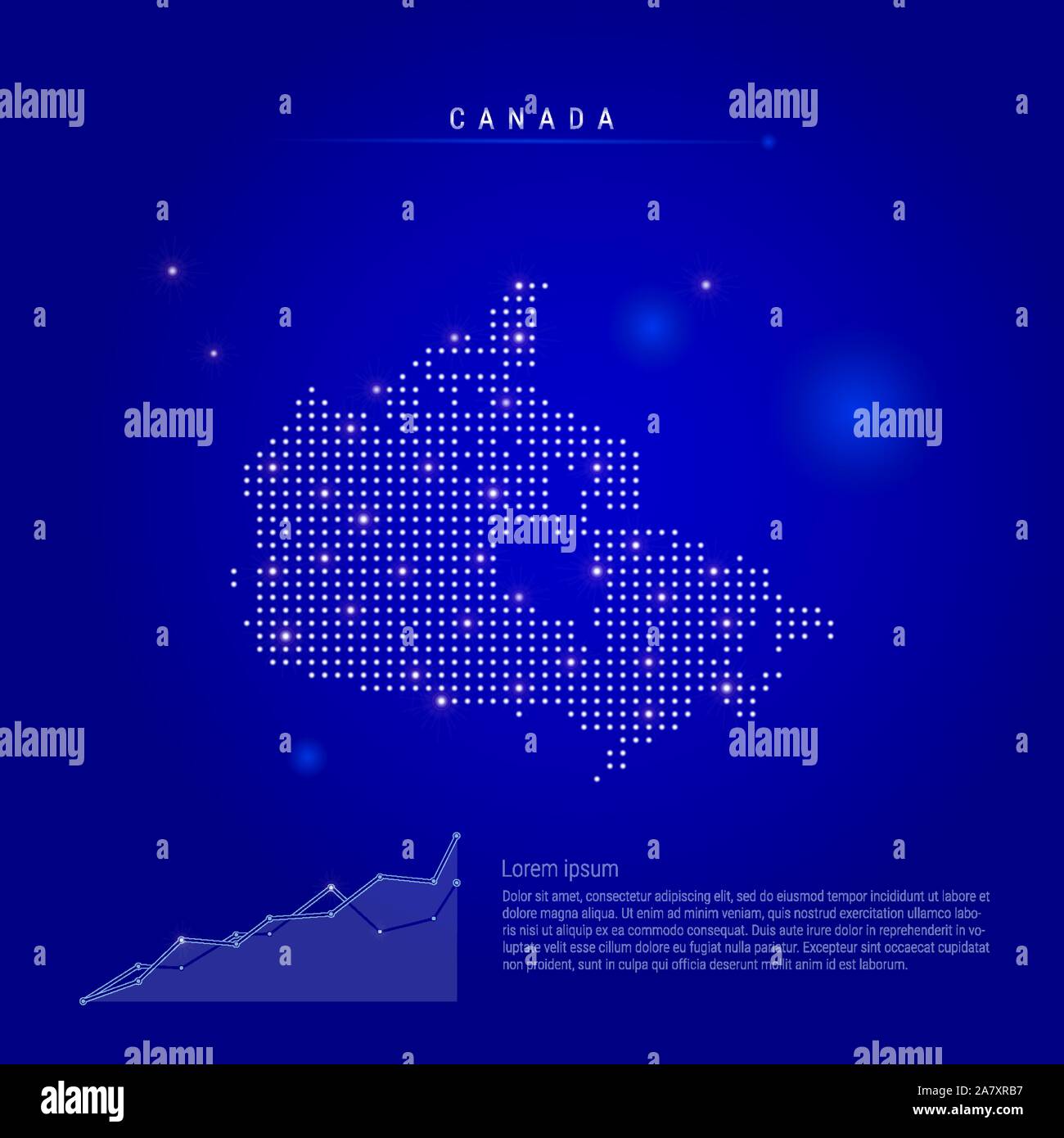 Canada illuminated map with glowing dots. Dark blue space background. Vector illustration. Growing chart, lorem ipsum text. Stock Vector