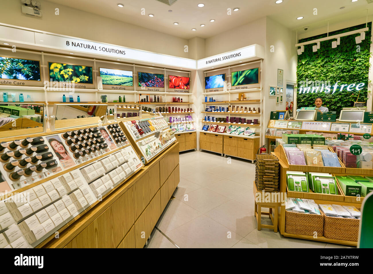 SHENZHEN, CHINA - CIRCA APRIL, 2019: cosmetics products on display at innisfree store in Coastal City shopping mall. Stock Photo