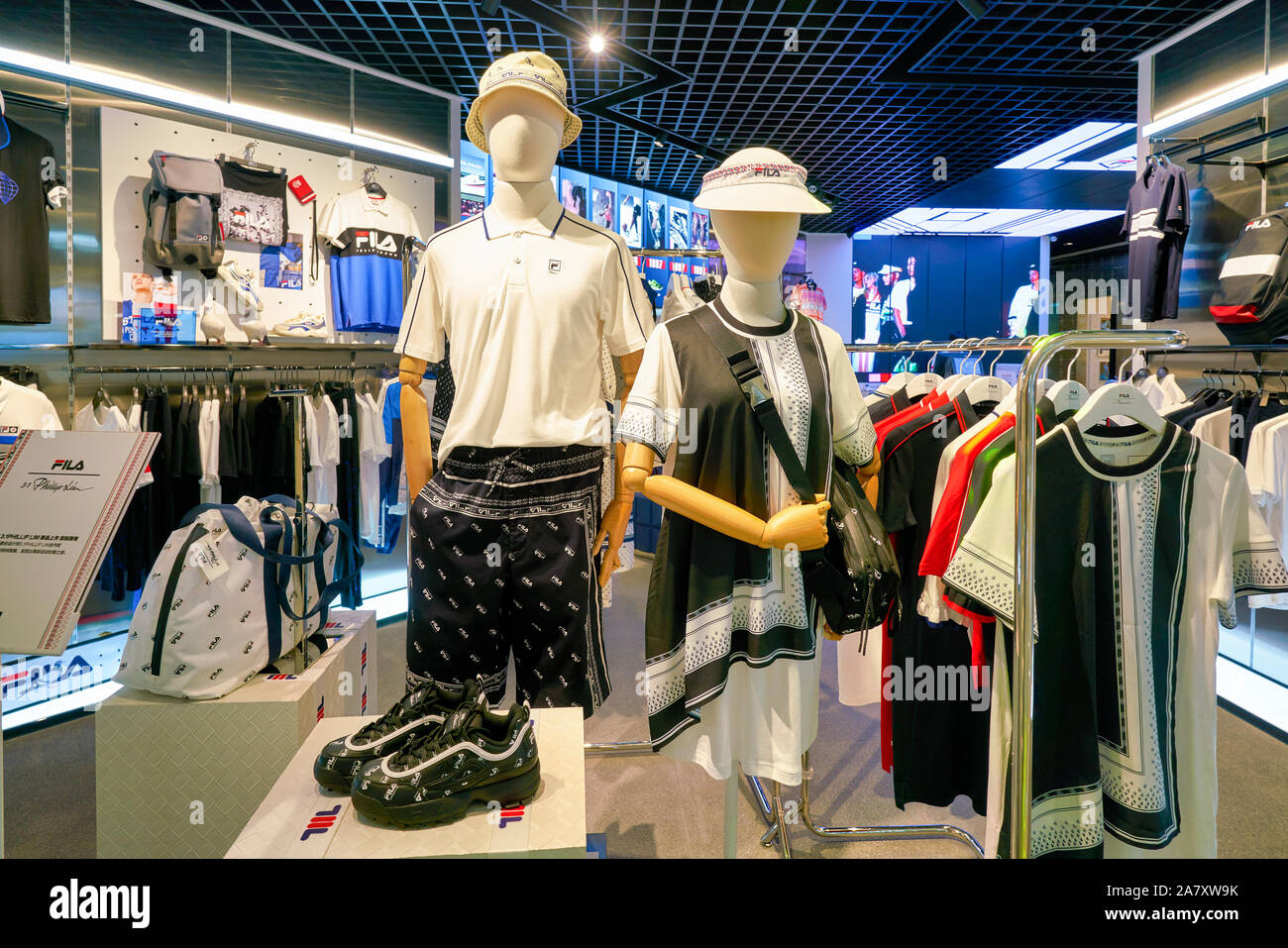 SHENZHEN, CHINA - APRIL, 2019: interior shot of Fila store at a shopping mall in Shenzhen. Fila is an Italian sporting goods company Stock Photo - Alamy
