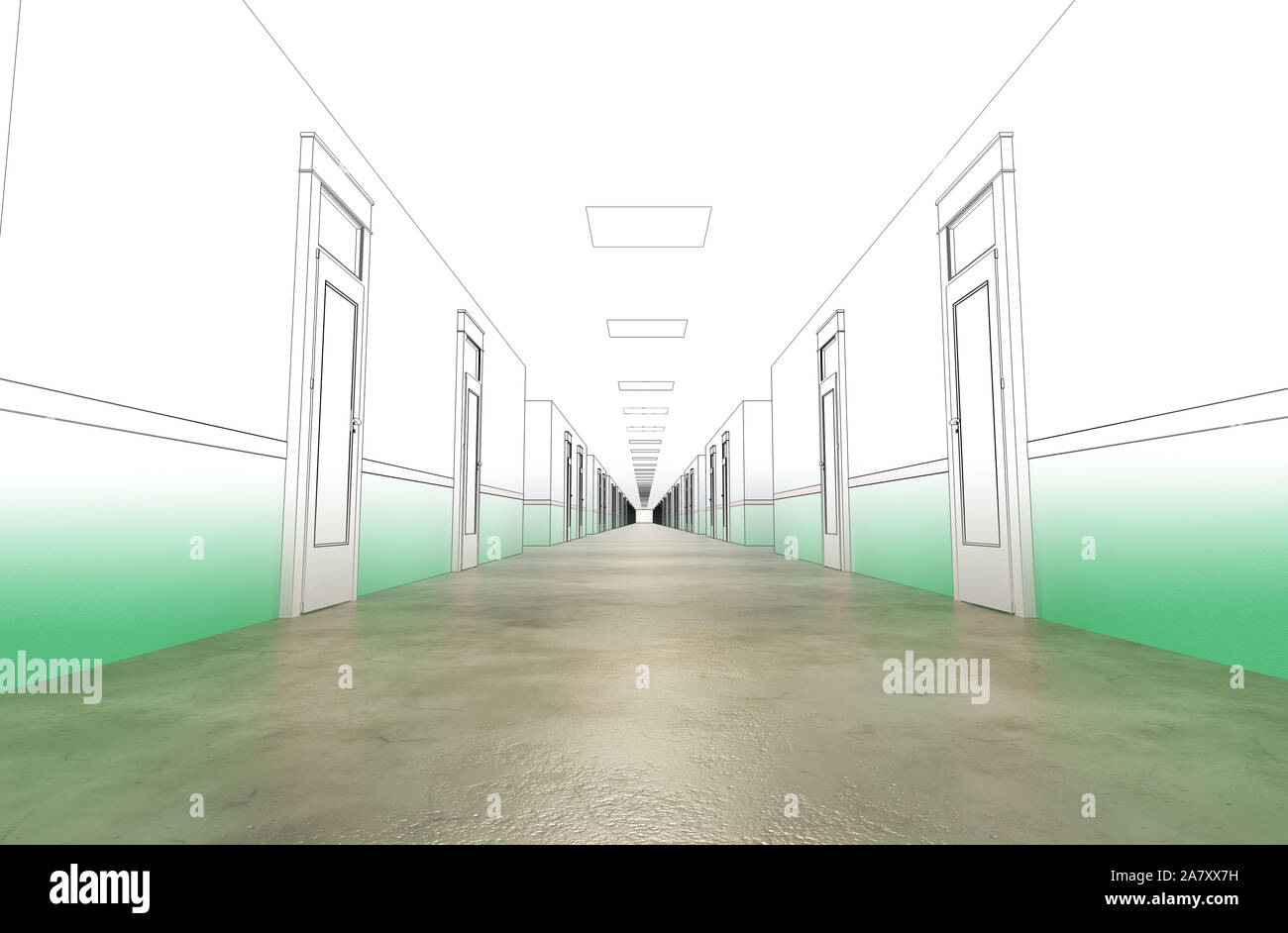 long corridor with doors, interior visualization, 3D illustration Stock