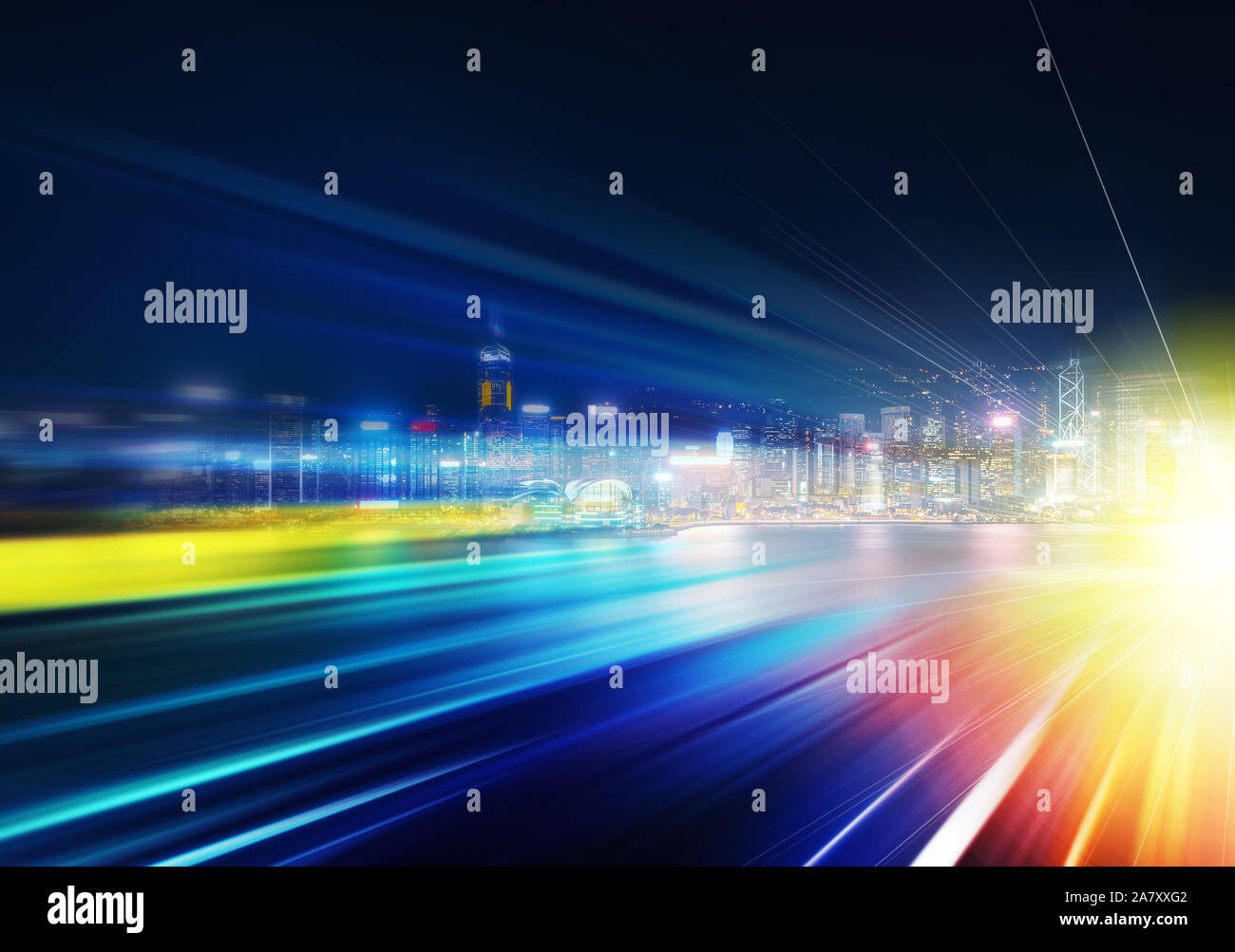 Abstract colorful circular bokeh with city background. Double exposure Stock Photo