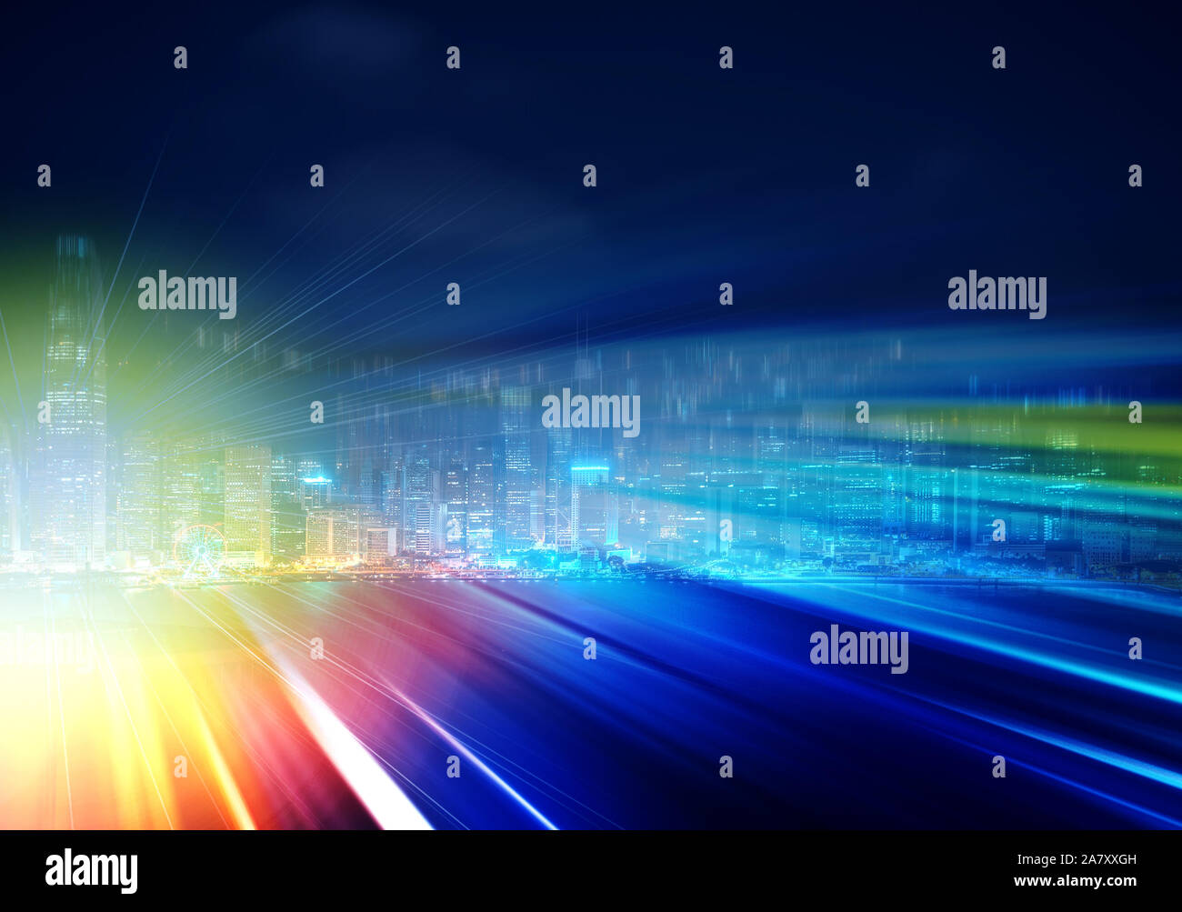 Abstract colorful circular bokeh with city background. Double exposure Stock Photo