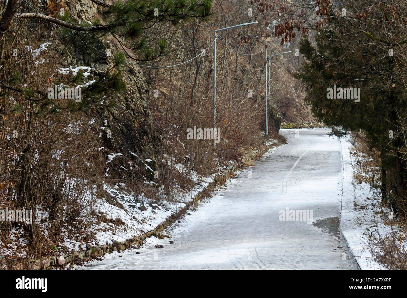 Health trail along the Pancharevo lake shore in winter, Sofia, Bulgaria Stock Photo