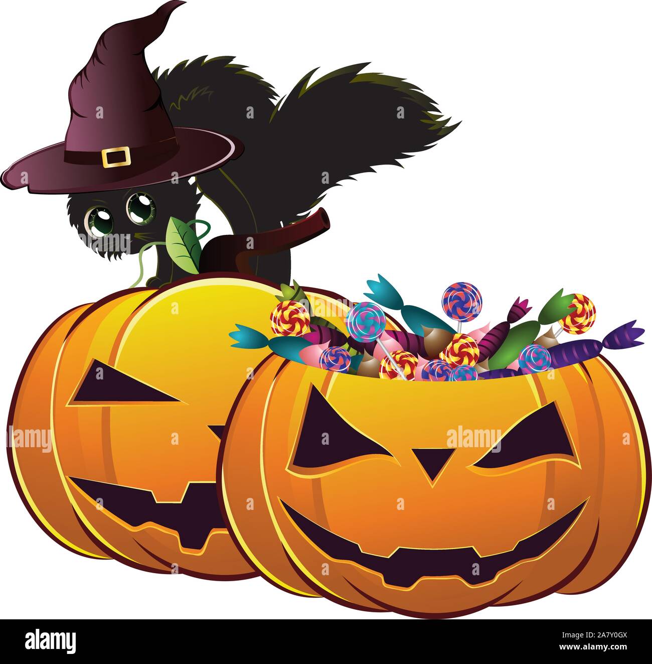Cute Halloween card with black kitten in witch hat and two pumpkins ...