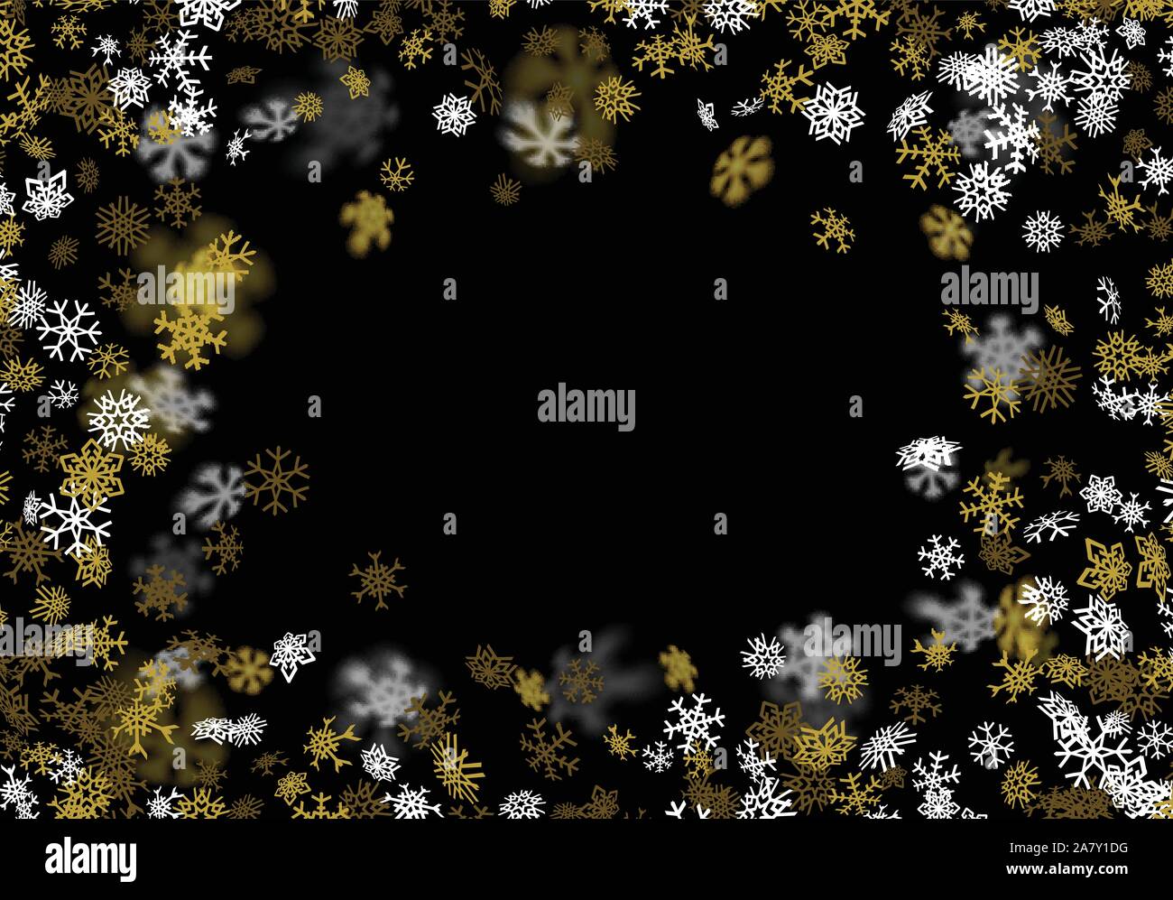 Snowfall background with golden snowflakes blurred in the dark Stock ...